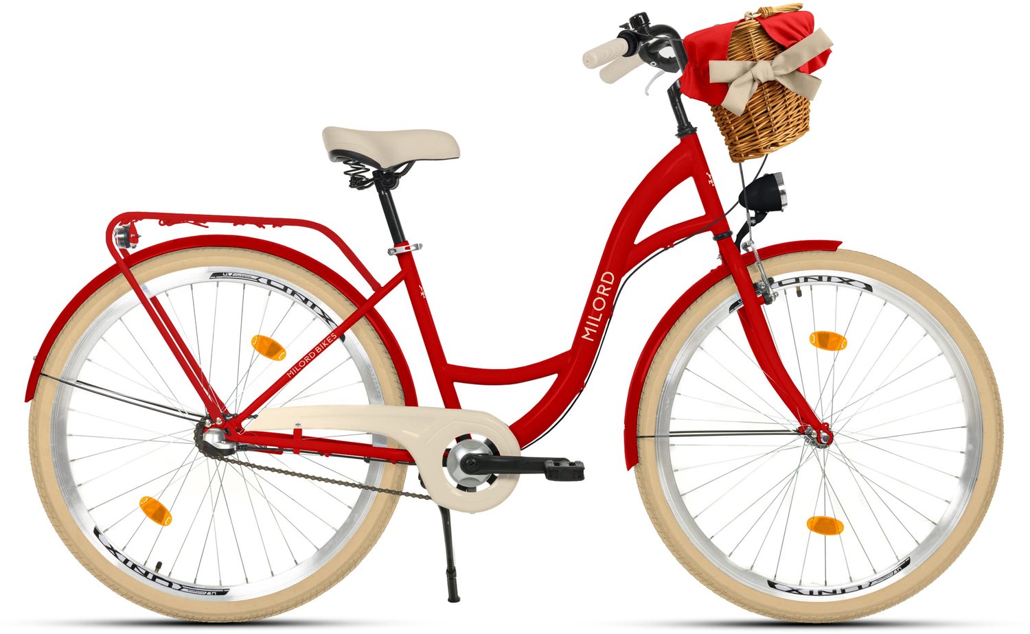 Milord damesfiets met rieten mand 26 inch 3 versnellingen rood frame
