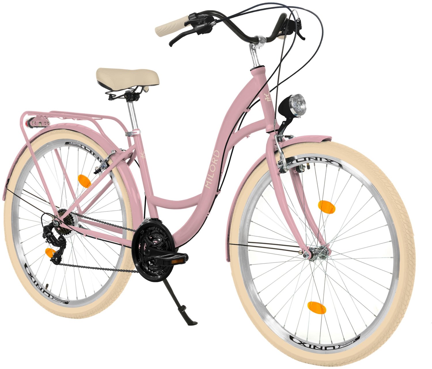 Milord damesfiets 28 inch 21 versnellingen roze frame met metalen mand