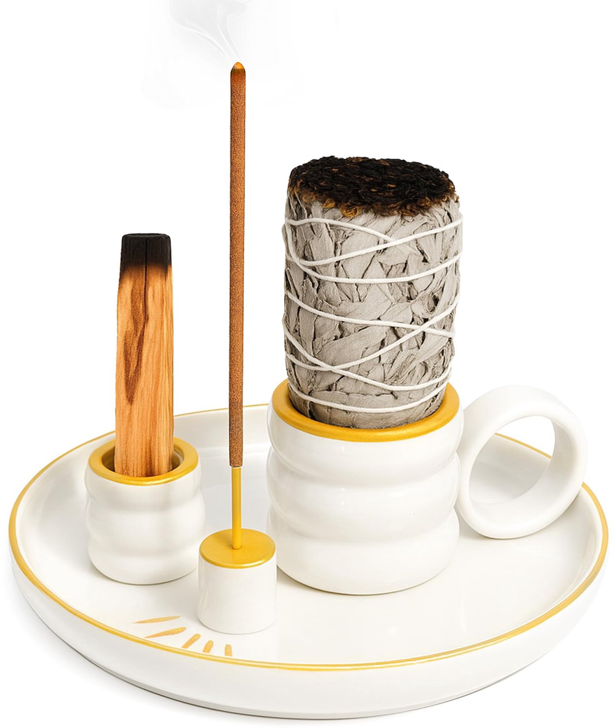 Wierookbrander met handvat - Keramische Wierookhouder - 4-in-1 Ontwerp - 5,9 Inch Asvanger - Zendecor voor Meditatie - Geschikt voor Salie en Palo Santo - Rookbrander