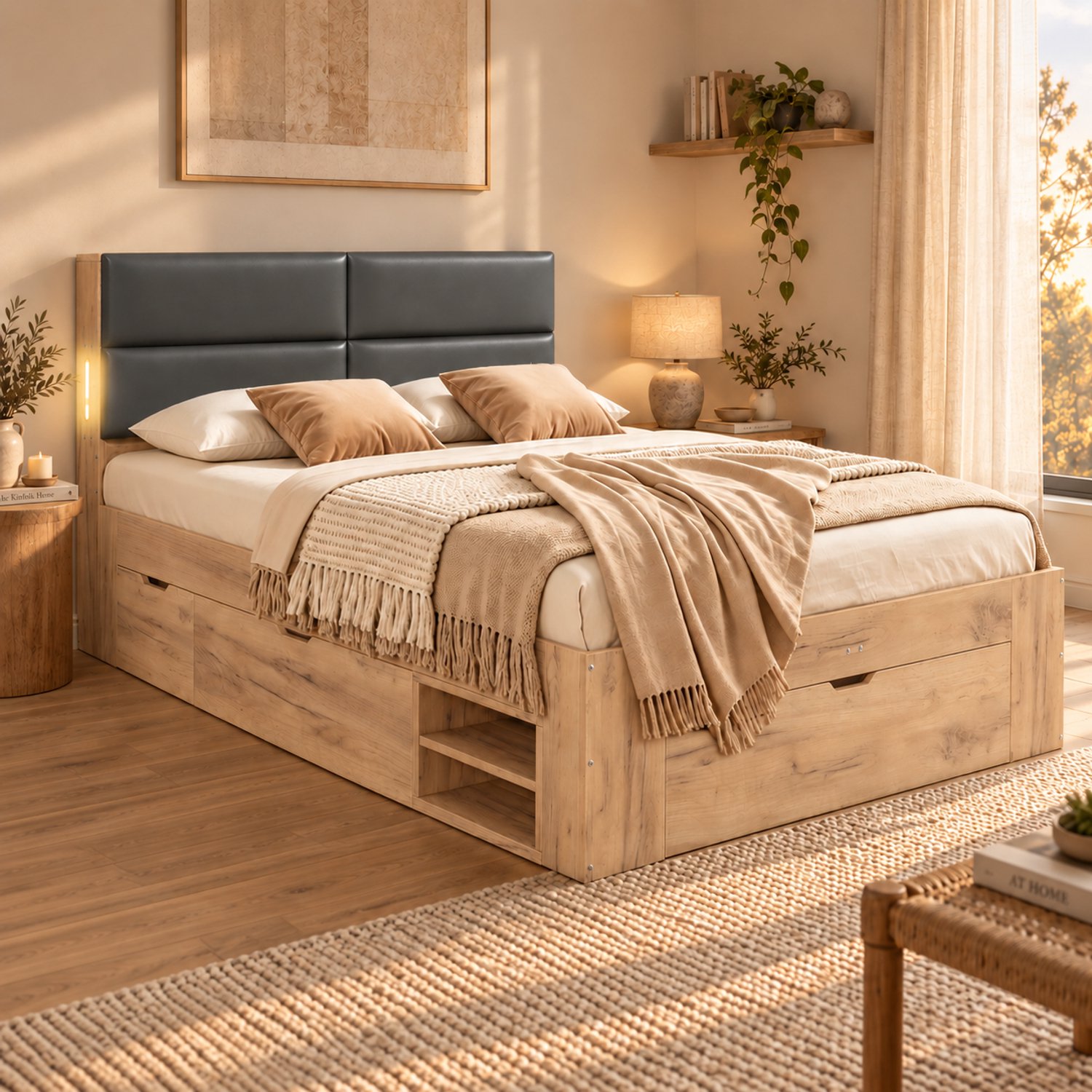 HAUSS SPOLE Kinderbed 140x200 cm - Bed met Lades en Uitschuifbare Vakken - Nachtlamp en USB en USB-C Aansluitingen - Zonder Matras - MDF - Naturel