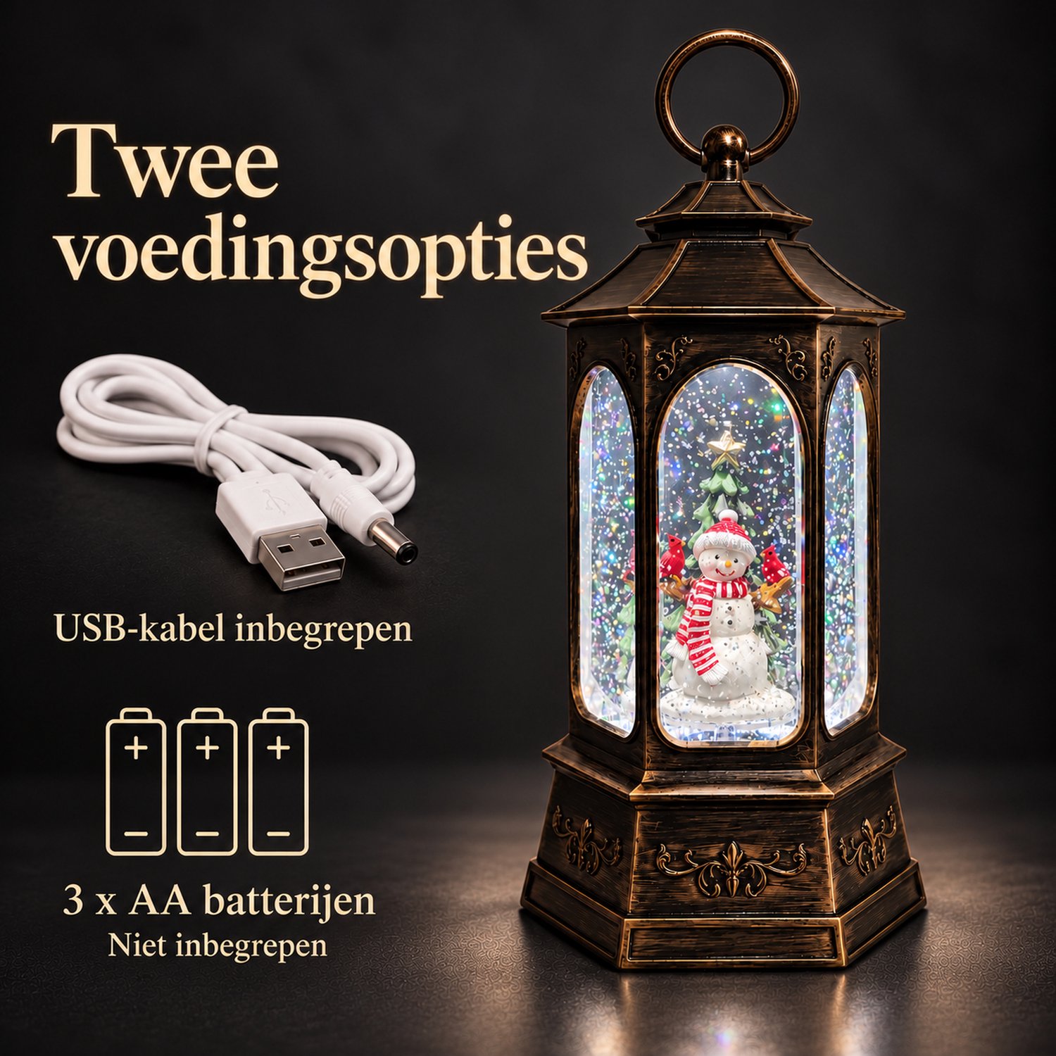 EasyMart Kerstlantaarn - Sneeuwbol met Muziek en LED Verlichting - Waterlantaarn met Bewegende Glitter - 27 cm - Sneeuwpop - Kerstdecoratie Binnen - Sneeuweffect - Zeshoekig - USB Kabel Inbegrepen - Op 3 AA Batterijen - Bronskleurig – foto 3