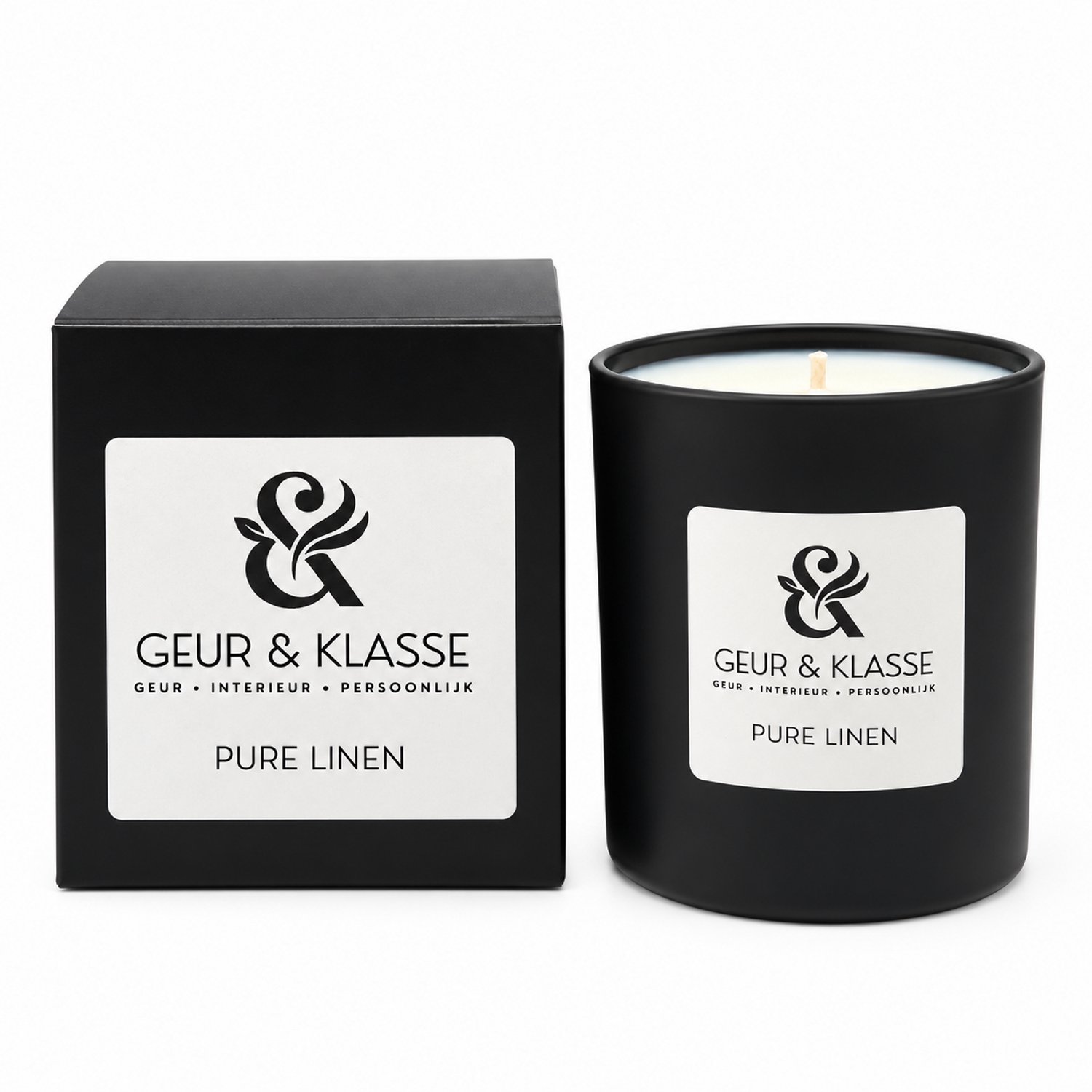 Geur & Klasse Pure Linen – Geurkaars – 220 gram – Handgemaakt – Fris Linnen – Soja- en Kokoswas – Matzwart Glas