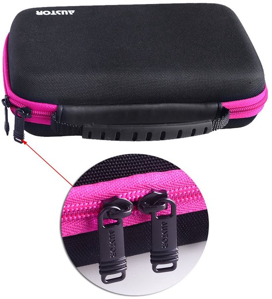 Gesloten zwarte tas met roze rits en detailopname van de 'AUSTOR' ritsluitingen.