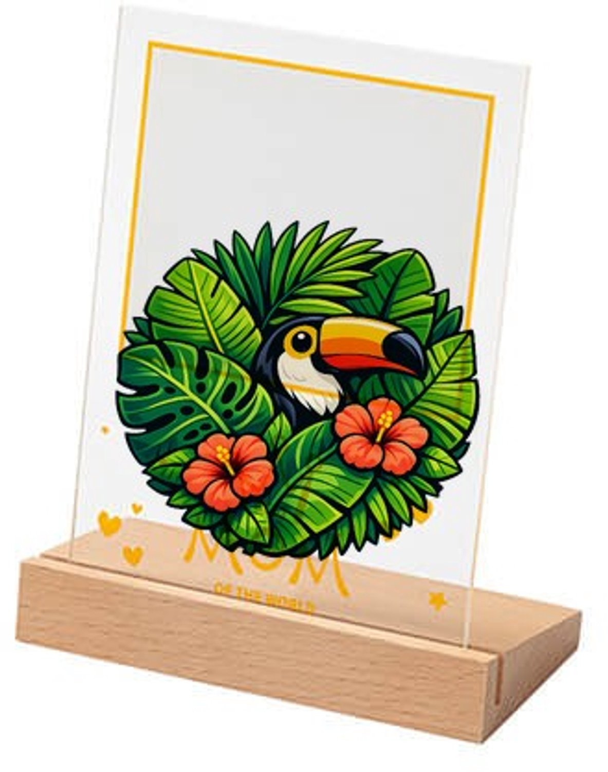 Mr Cadeautjes Glasframe met vaste tekst - design Tropische bladeren met toekan | cadeau Wit