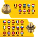 Messing gasregulator en adapters, met vlaggen van diverse Europese landen.