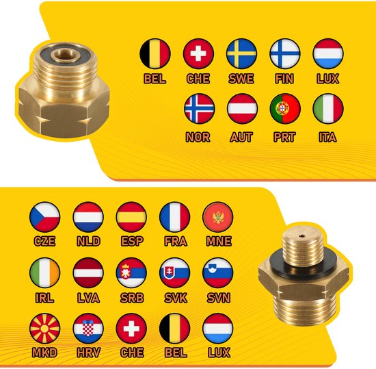 Messing gasregulator en adapters, met vlaggen van diverse Europese landen.