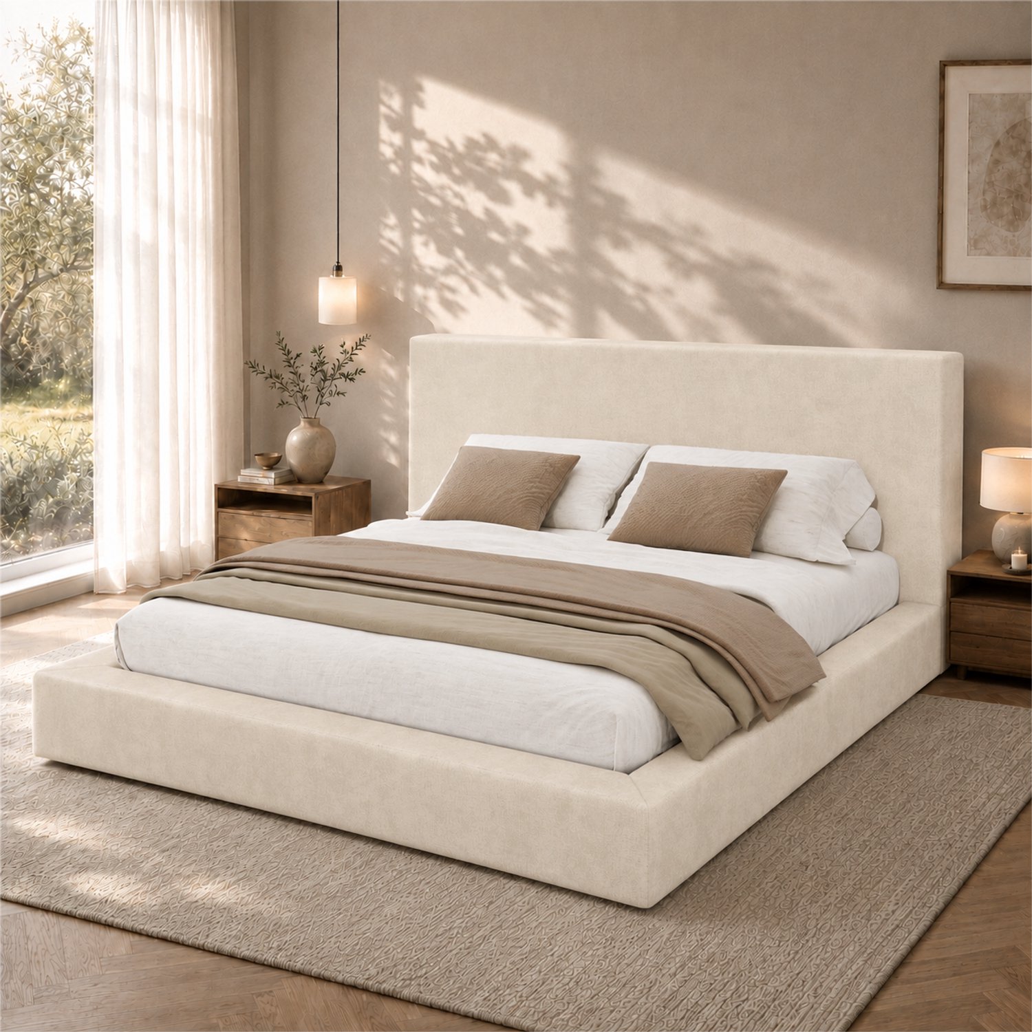 HAUSS SPOLE Gestoffeerd Bed 180x200 cm - Tweepersoonsbed met Lattenbodem en Zacht Hoofdbord - Zonder Matras voor de Slaapkamer - Chenille - Beige