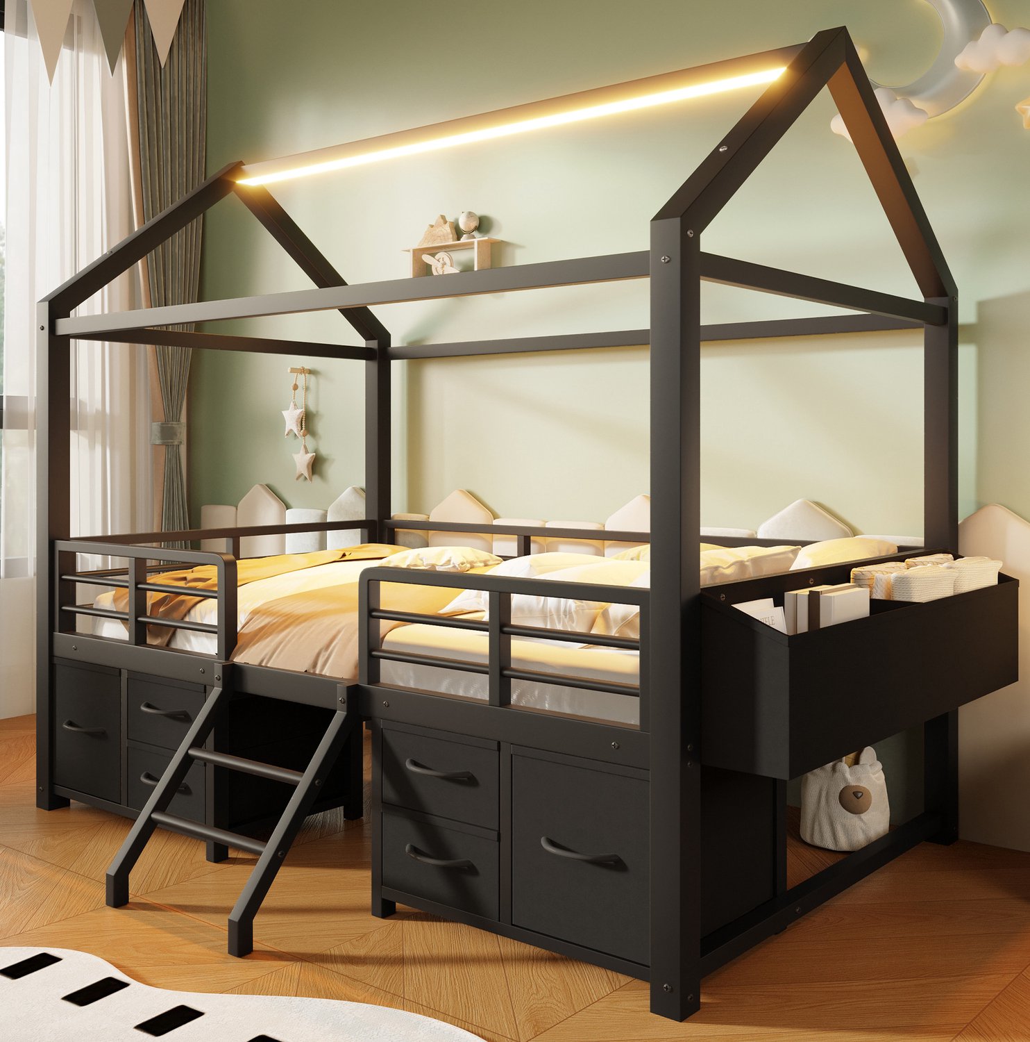 HAUSS SPOLE Hoogslaper 90 x 200 cm - Kinderbed met Huisdak en Ledverlichting - Stoffen Lades en Opbergruimte - Zonder Matras - Metaal en MDF - Zwart