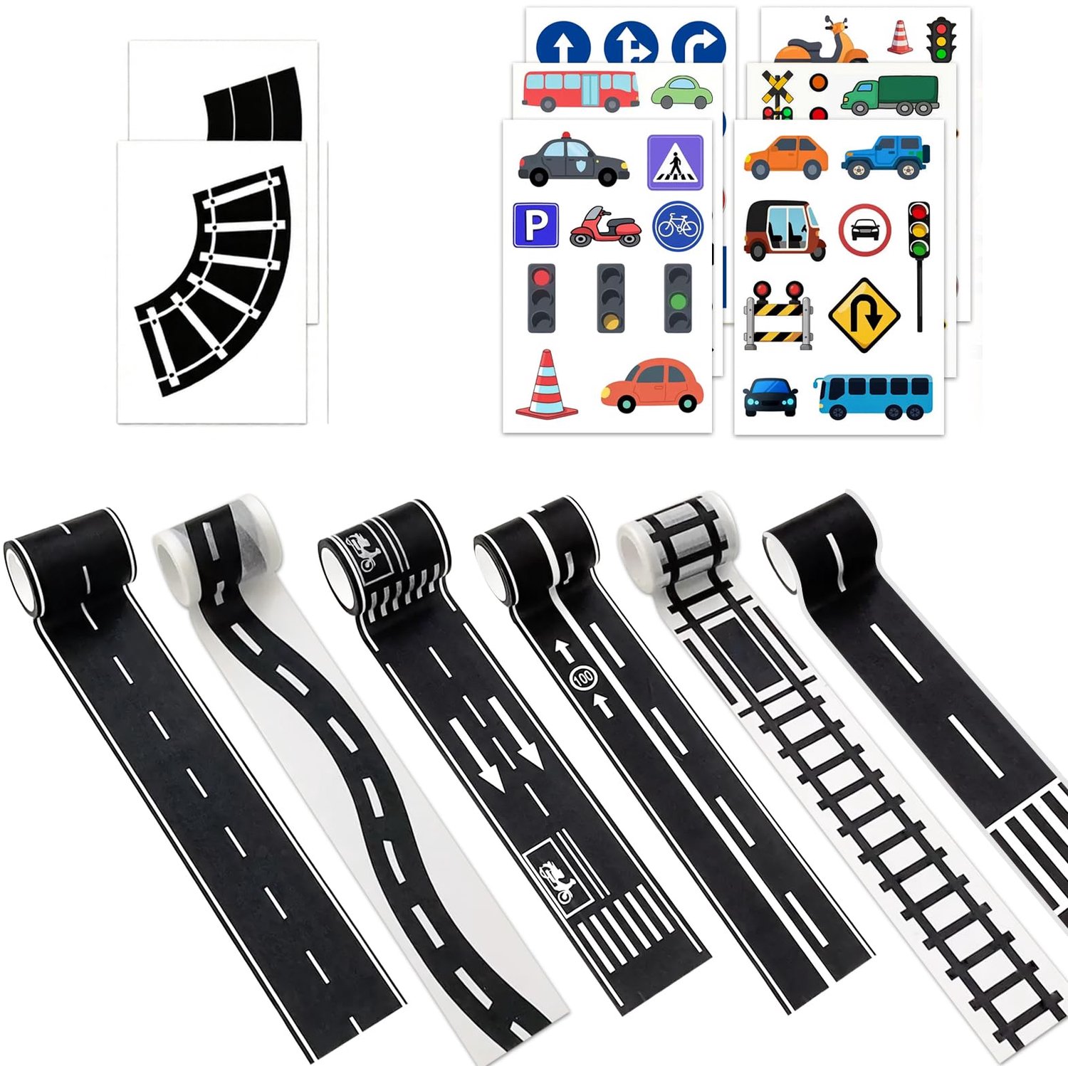 Autosnelwegtape 6 Rollen - 14 Stuks - 5 cm x 5 m - Zelfklevend Plakband - Autoweg/Spoorweg - Educatief Speelgoed - Speelgoedweg