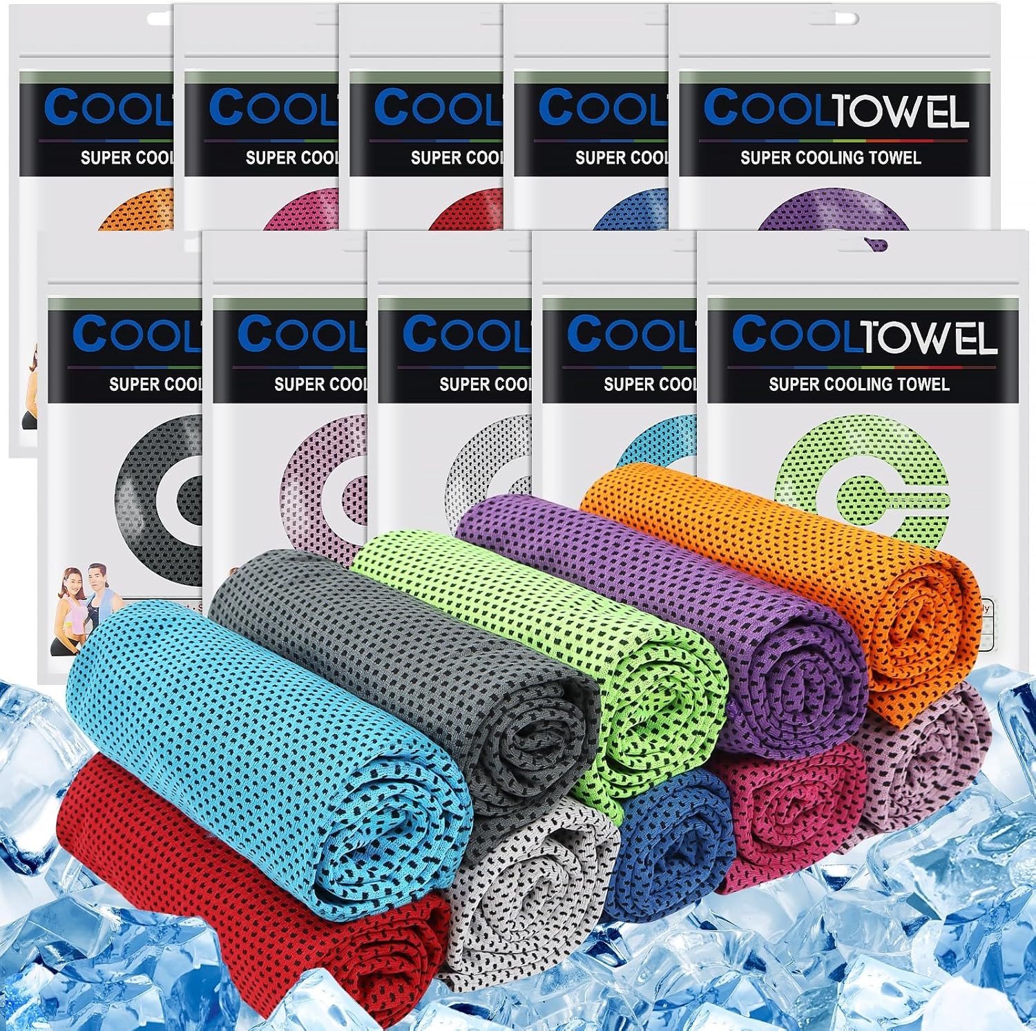 Pack van 10 verkoelende handdoeken, 100 x 30 cm, ideaal voor sport, yoga, fietsen en kamperen
