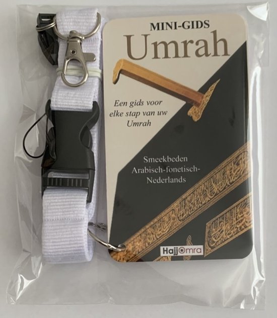 Mini-gids Umrah met een witte lanyard en zwarte gesp in plastic verpakking.