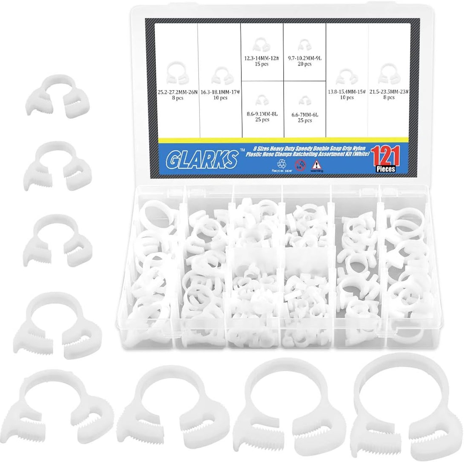 121-delige set zware witte nylon slangklemmen in 8 maten, 6,6-27,2 mm, kunststof snap klemmen assortiment