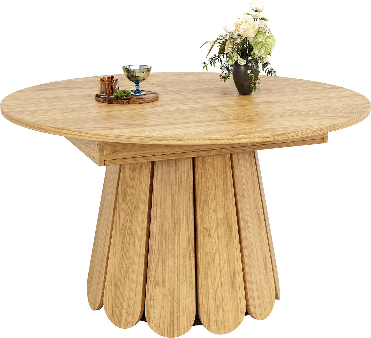 SONNENH Ronde uitschuifbare eettafel met geribde kolomvoet - MDF - 118 tot 158 cm - Houtlook