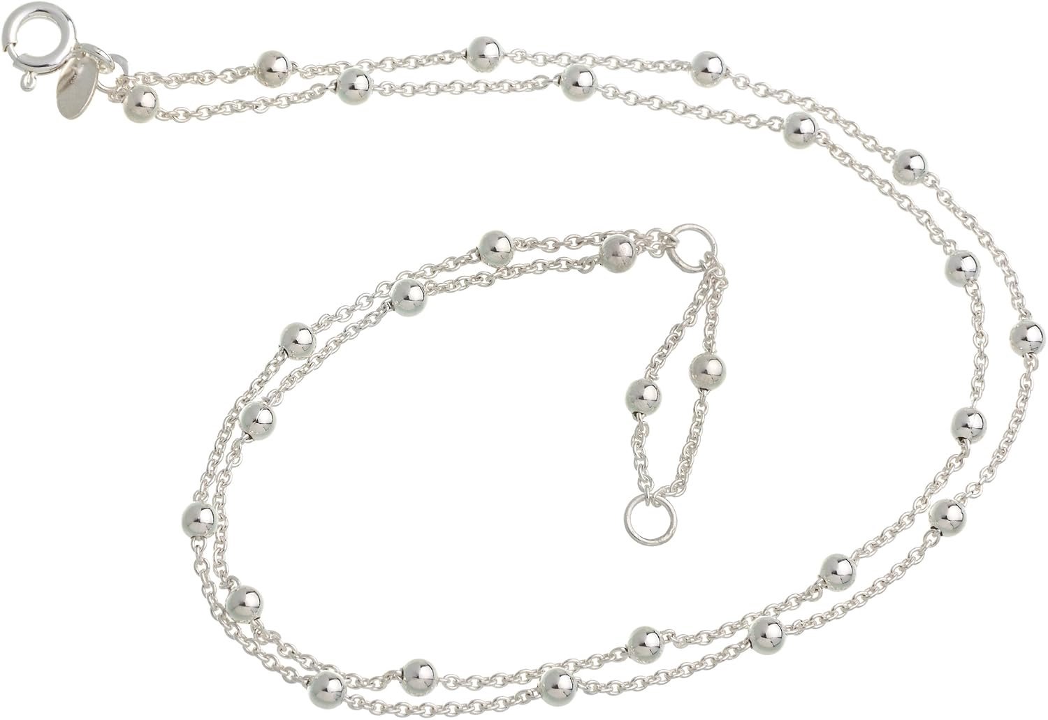 Anklet peas with balls 2 rows - 1.3 mm diameter - 925 silver, choice of length from 23 to 30 cm, 23 cm, Sterling - ShopVlot