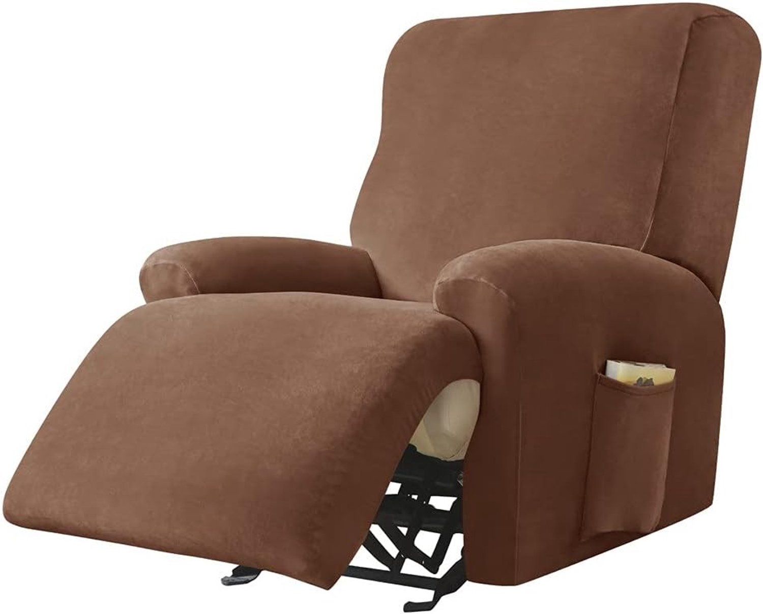 Zachte Velours Relaxfauteuil Covers met Zakjes, 4-delige Set, Polyester Spandex Meubelbeschermer, Anti-slip Fauteuil-/Bankcover voor Woonkamer (Donkerbruin)