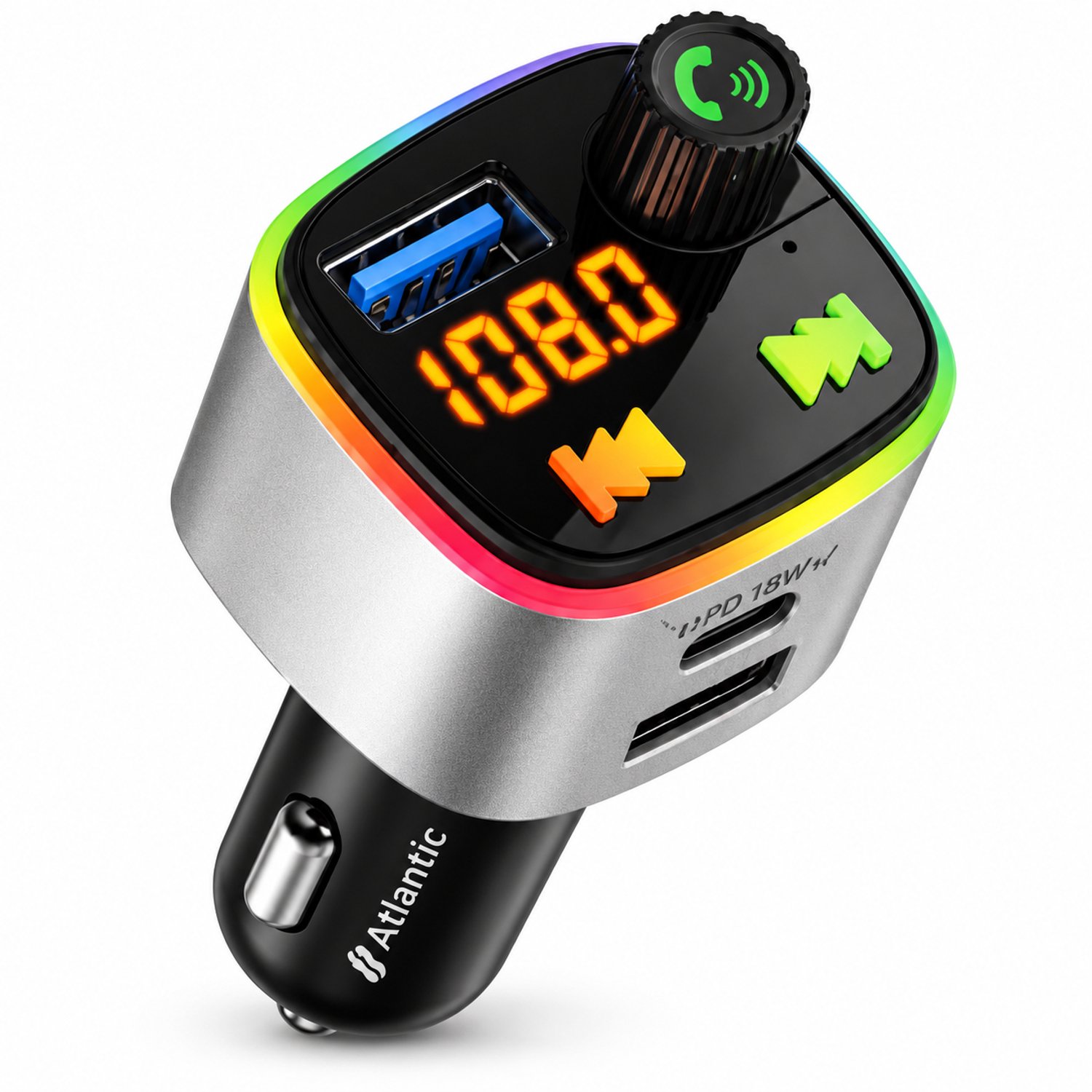 Bluetooth Atlantic FM-transmitter voor auto met handsfree bellen, USB-C PD 18W snelladen, USB-A, EQ/bass en LED-sfeerverlichting.