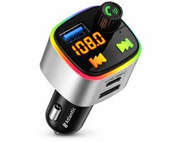 Bluetooth Atlantic FM-transmitter voor auto met handsfree bellen, USB-C PD 18W snelladen, USB-A, EQ/bass en LED-sfeerverlichting.