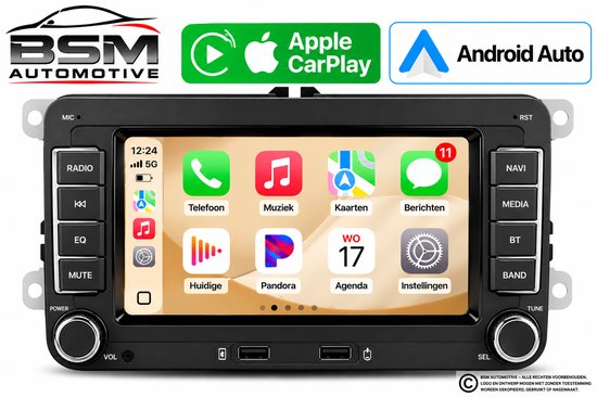 Autoradio met 7-inch scherm met Apple CarPlay en Android Auto menu, inclusief knoppen voor media en navigatie.