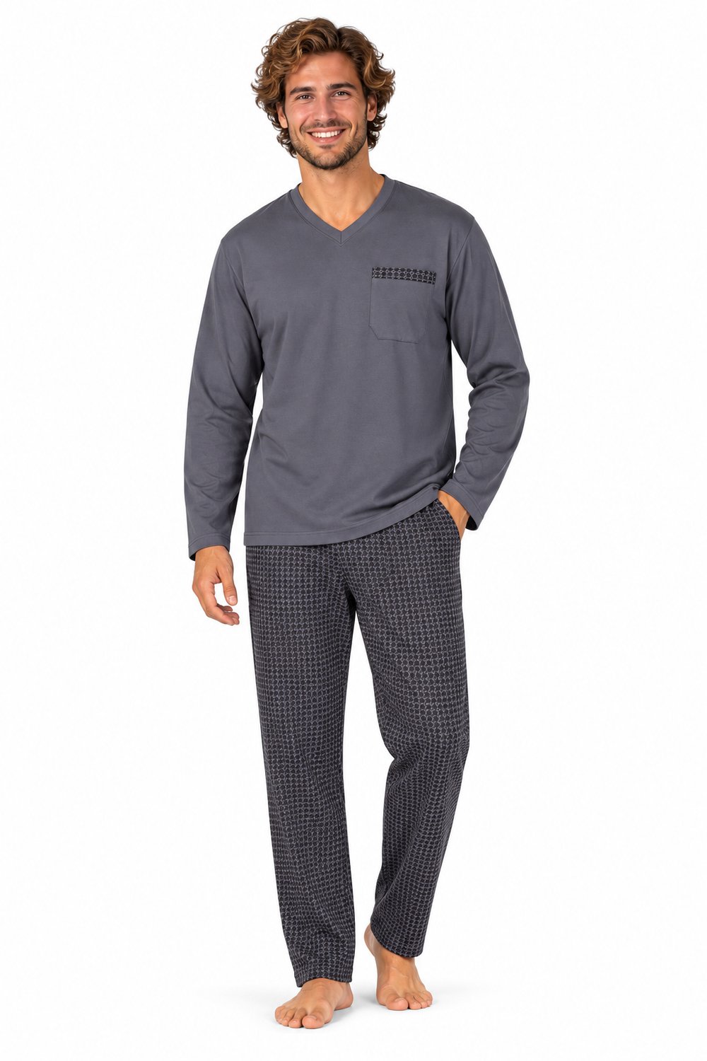 Comte Heren Pyjama – 100% Katoen – Lange Mouw – Steel Grijsblauw – V-Hals - Maat 4XL