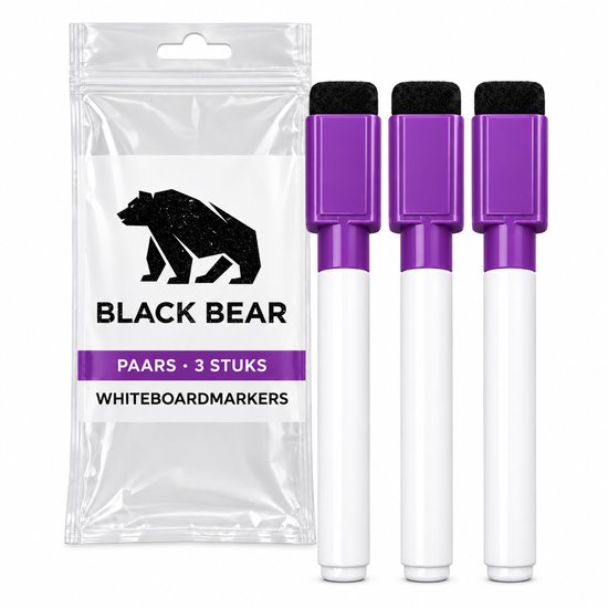 Verpakking met drie paarse Black Bear whiteboardmarkers en een bijpassende zak.