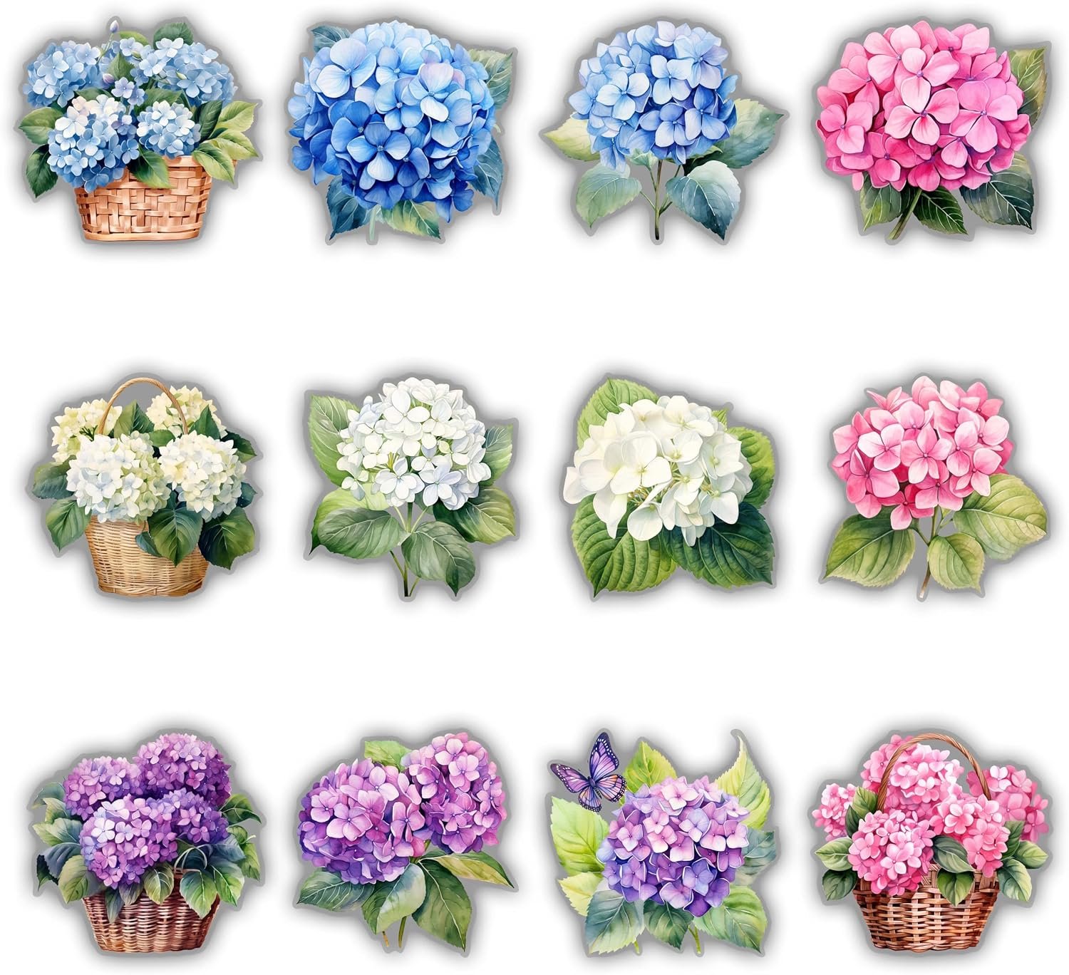 Hortensia Bloemenmuurstickers 60 stuks set - 12 unieke ontwerpen (elk 5), verwijderbare vinylstickers voor slaapkamer - Vemera