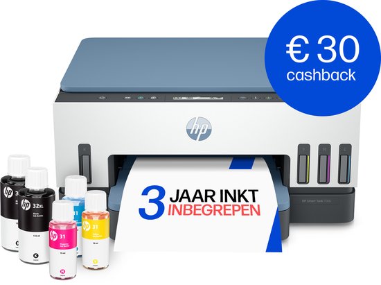 HP Smart Tank printer met blauwe deksel, inktflessen en een '3 jaar inkt inbegrepen' tekst op papier en €30 cashback sticker.