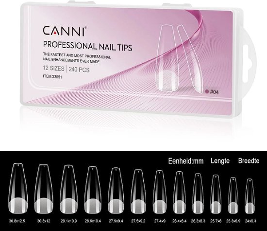 CANNI professionele nageltips in een roze doos met 12 maten en 240 stuks, inclusief een overzicht van de afmetingen.