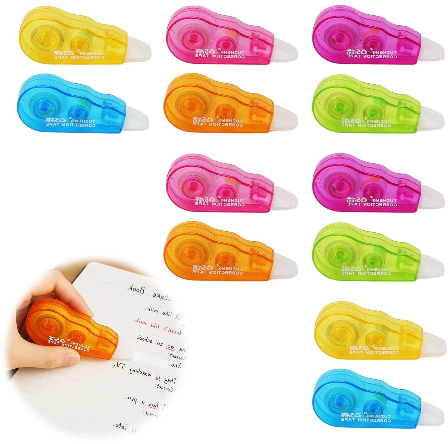 Set van 12 stuks correctietape, 6 kleuren, 5mm breed, compact