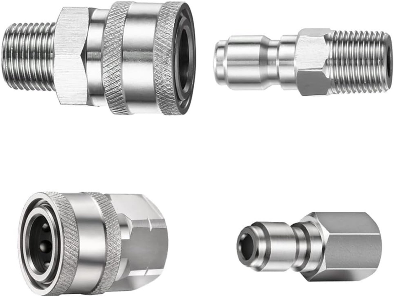 1/4 inch RVS plug en socket set, snelkoppeling kit voor hogedrukreiniger, 4-delige adapter set, drukreiniging, snelverbinding, mannelijke en vrouwelijke aansluitingen