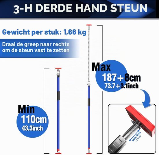 Telescopische Steunpaal voor Zware Lasten, Verstelbaar van 100 tot 200 cm, Ideaal voor Kasten, Gipsplaten en Bouwprojecten, Tot 75 kg Belastbaarheid, 1 Stuk — afbeelding 5
