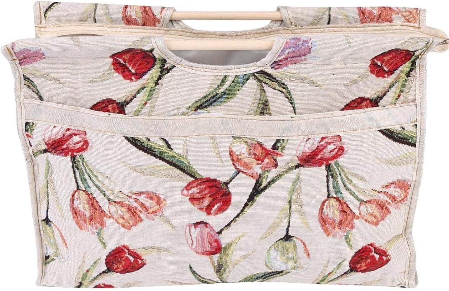 Exquise praktische handgemaakte tas voor breinaalden, naaigerei en accessoires met houten handvat en bloemenpatroon