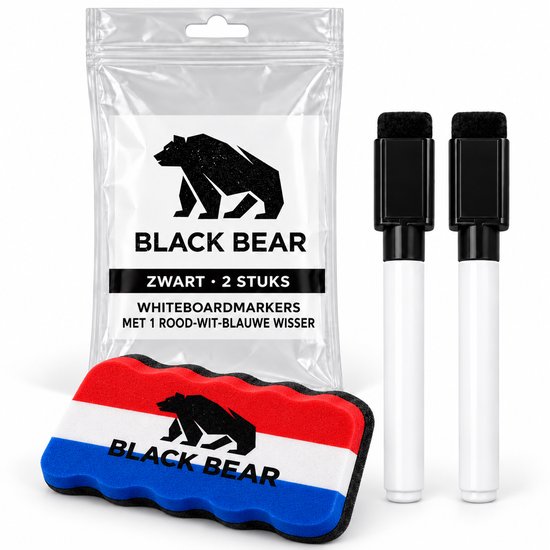 Set van twee zwarte Black Bear whiteboardstiften en een rood-wit-blauwe wisser in verpakking.