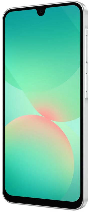 Witte Samsung Galaxy in hoekaanzicht met een kleurrijk, abstract schermontwerp.