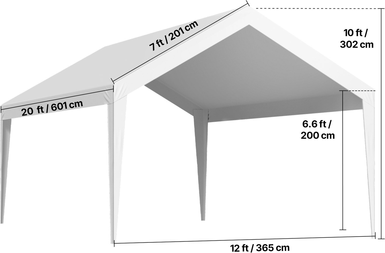 Carport Vervangende Kap 12x20ft Wit - UV-bestendig - PE Geweven Stof - Met Zijwanden - Draagbare Garage Tent - Afdaktarp