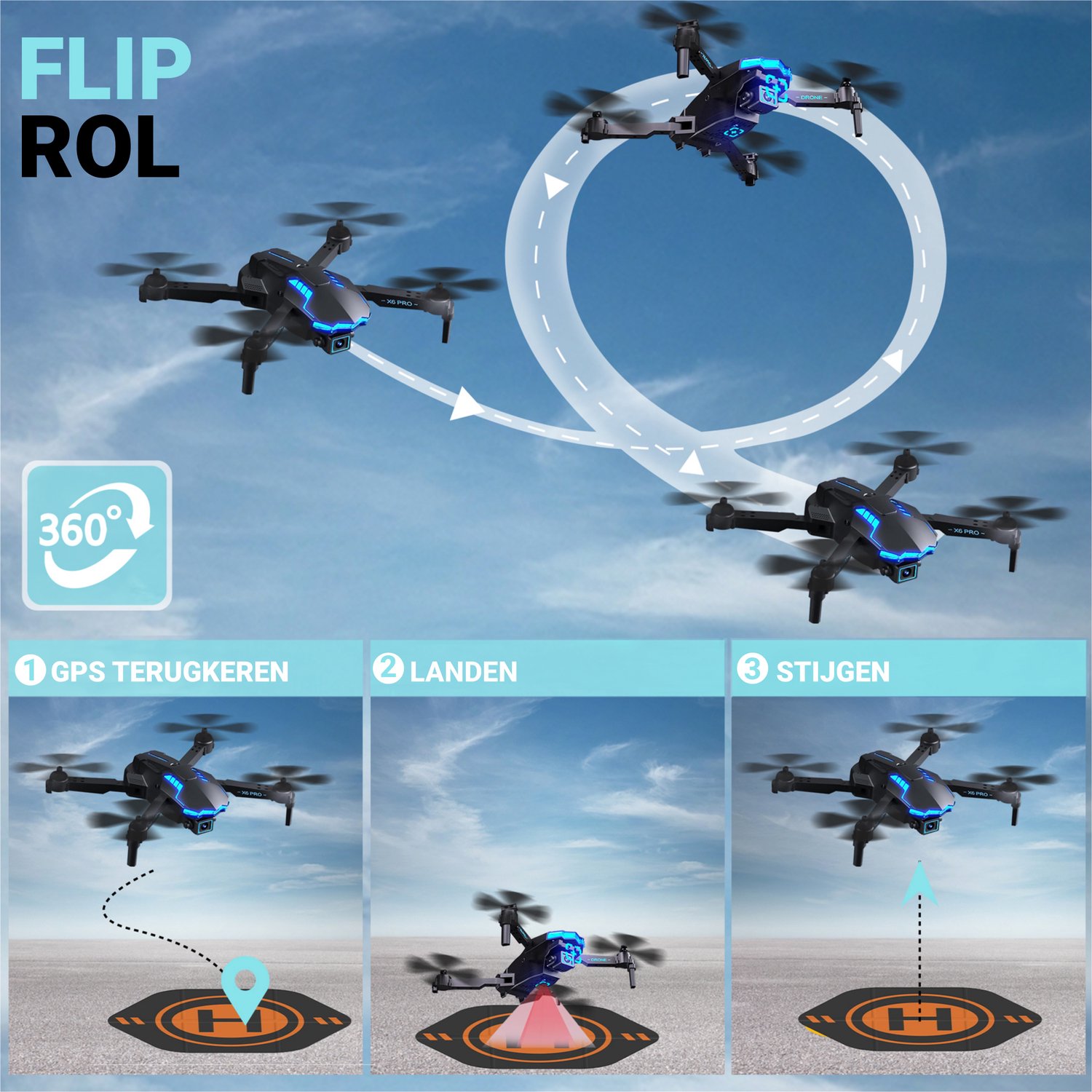 HAWX X6 Drone - Drone met 4K Camera - Mini drone - Voor Kinderen/Volwassenen - Drones - Tot 90 Minuten Vliegen - Incl. 3 Batterijen, Opbergtas, Landing Pad — afbeelding 6