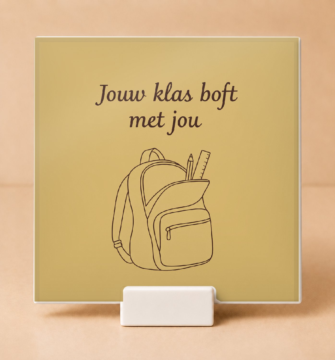 Bedruk King Minimalistische Klasbaas Tegel – Stijlvolle One-Line Art Wanddecoratie voor Leerkrachten en Klassen - 11 x 11 cm met houder Wit