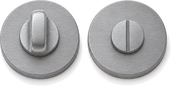 Set van twee zilverkleurige ronde wc-sloten: één met draaiknop en één met vrij-bezet indicator.