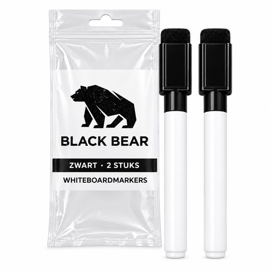 Verpakking Black Bear whiteboardmarkers: set van 2 zwarte markers in transparante zak.