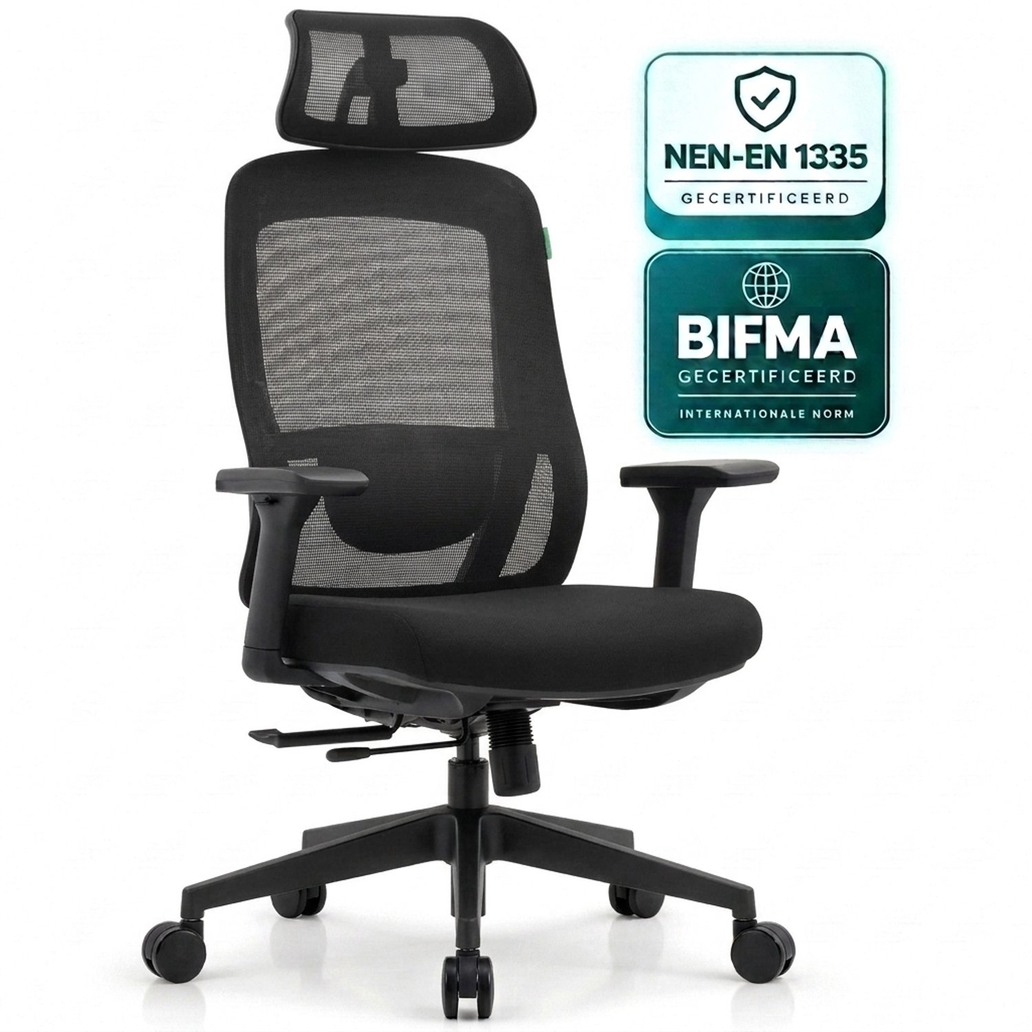 OfficeSense OS250 Ergonomische Bureaustoel - 3D Armleuningen - 2D Hoofdsteun - Schuifzitting - 125° Kantelbaar - Rubberen Wielen - 150 kg - Zwart