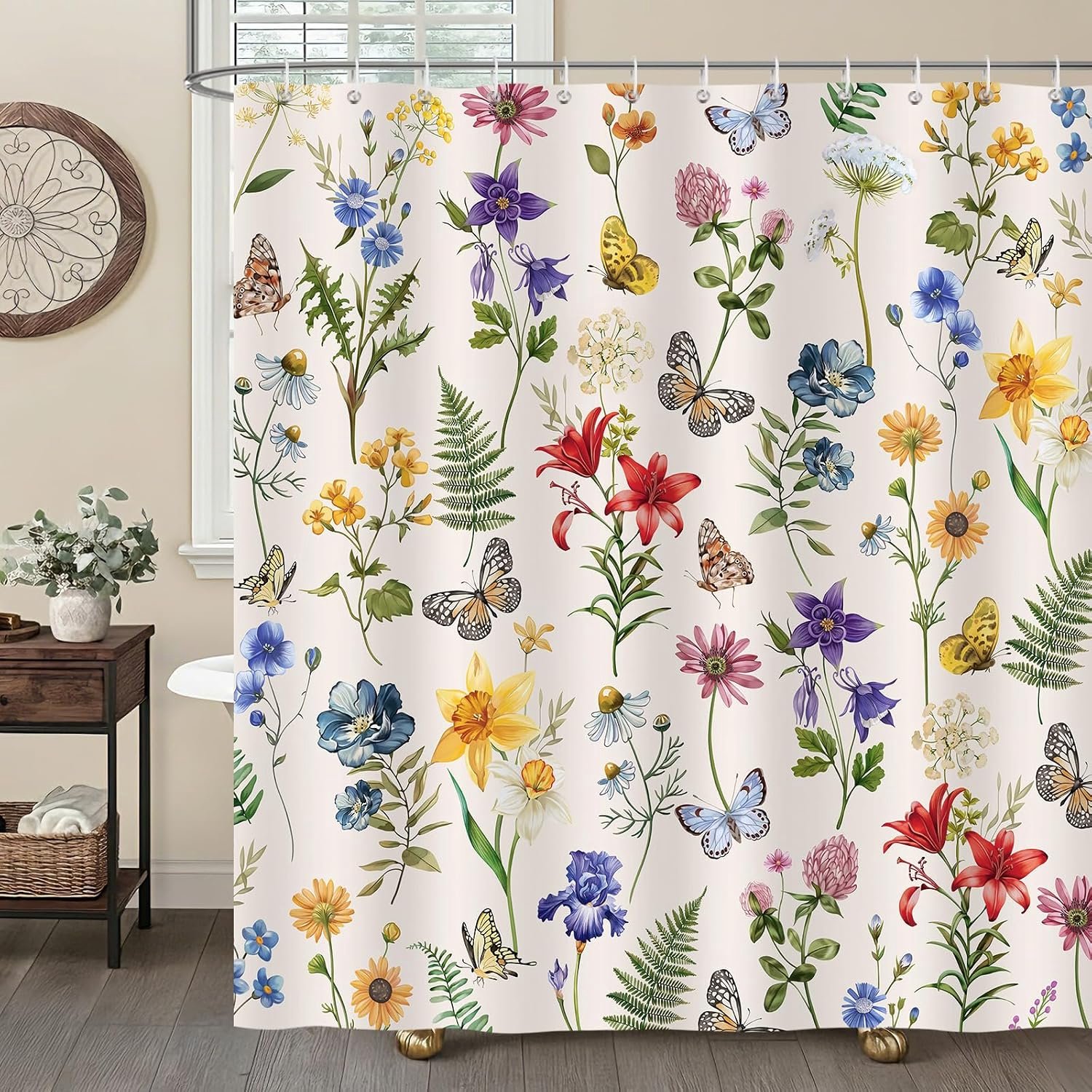 Boho Flower Shower Curtain, Vintage Wildflower Fern Leaf Butterfly Spring Bathroom Curtain 180x180cm, Water Resistant - ShopVlot
