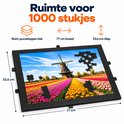 Zwarte puzzelmap voor 1000 stukjes, 77x53,6 cm, met een puzzel van een molen in een tulpenveld.