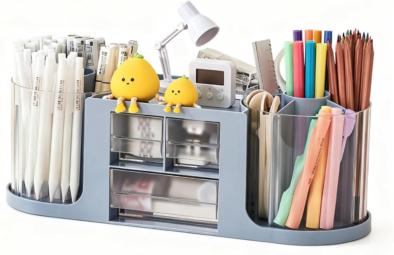 SnelShoppen - 360° Rotatable Pen Holder Desk Organizer - Dubbele Swivel Pennenhouder met 14 Compartimenten - Grote Capaciteit Pennenopberging - Blauw
