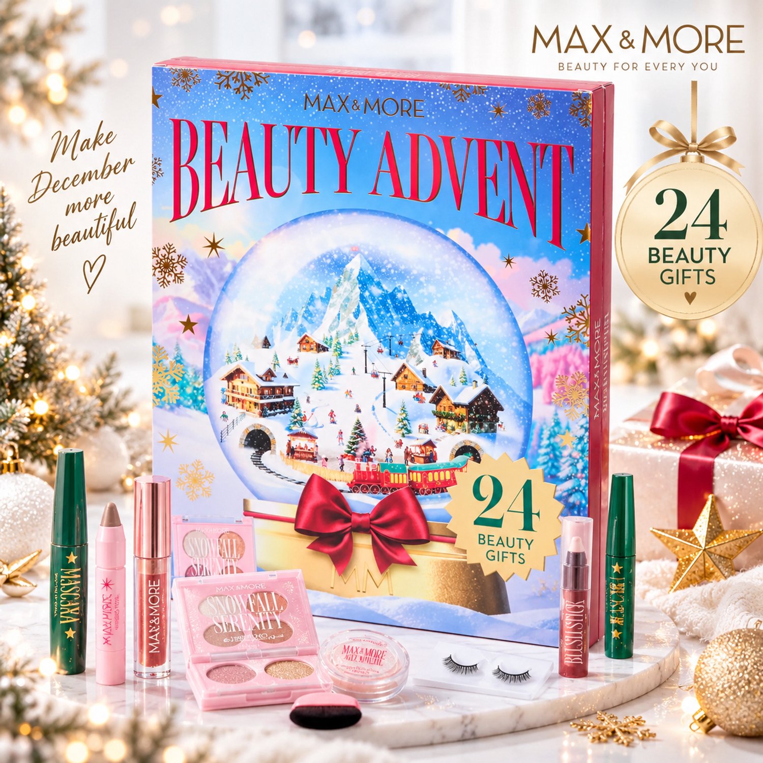 Max & More Luxe Make-up Adventskalender 2026 – 24-delige Beauty Adventskalender – Make-up & Verzorging – Oogschaduw, Mascara, Lipgloss & Meer – Kerstcadeau voor Haar