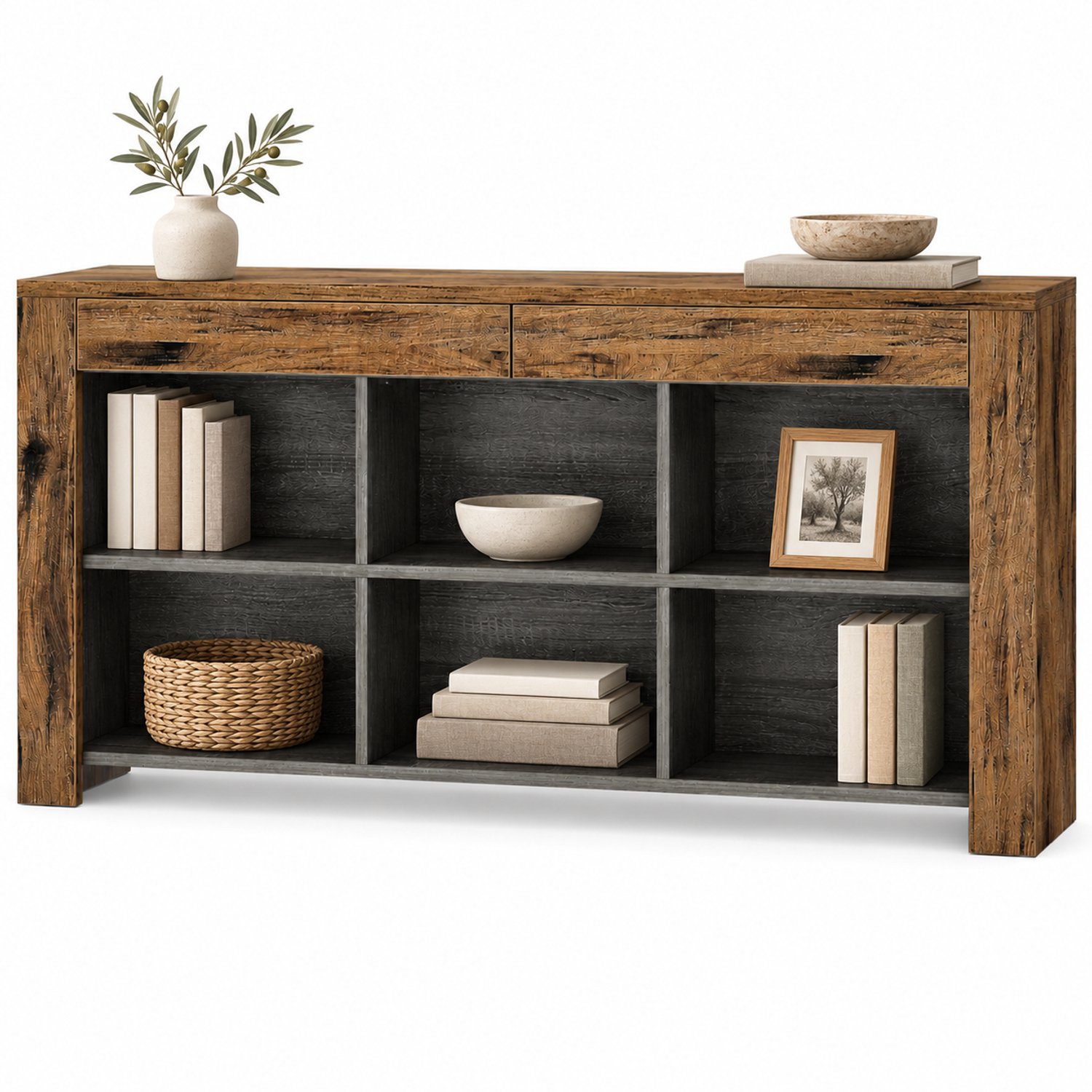 DMG Supply Side Table - Open Kast - Kast met 6 Vakken - Brede Opbergkast - Bruin/Antraciet - 160 x 30 x 80 cm