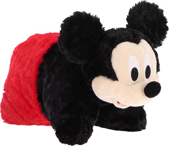 Pluche Mickey Mouse knuffelkussen in zwart en rood met beige gezicht.