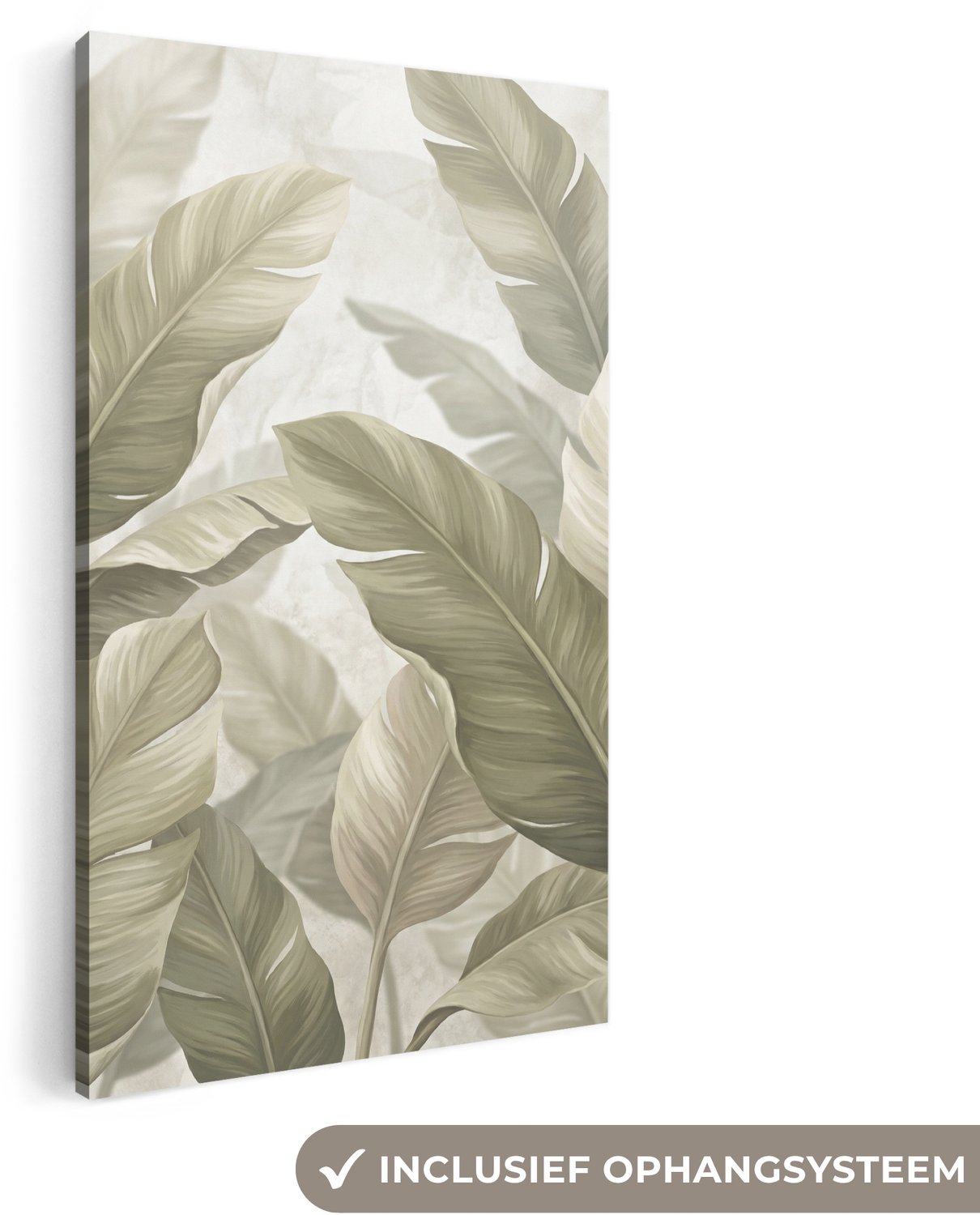Canvas schilderij 80x160 cm - Exclusieve wanddecoratie Bladeren - Tropisch - Natuur - Abstract - Beige - Muurdecoratie woonkamer - Slaapkamer decoratie - Kamer accessoires - Schilderijen op canvas groot XXL