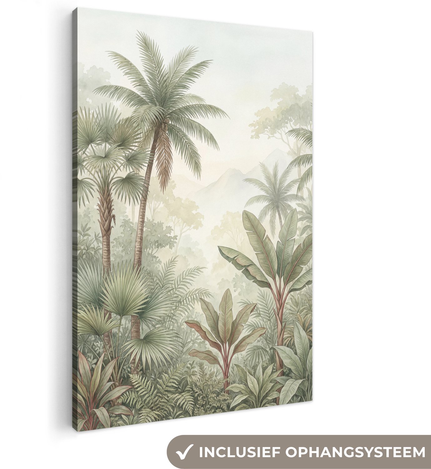 Canvas schilderij 80x120 cm - Exclusieve wanddecoratie Natuur - Tropisch bos - Landschap - Aquarel - Groen - Muurdecoratie woonkamer - Slaapkamer decoratie - Kamer accessoires - Schilderijen op canvas groot XXL