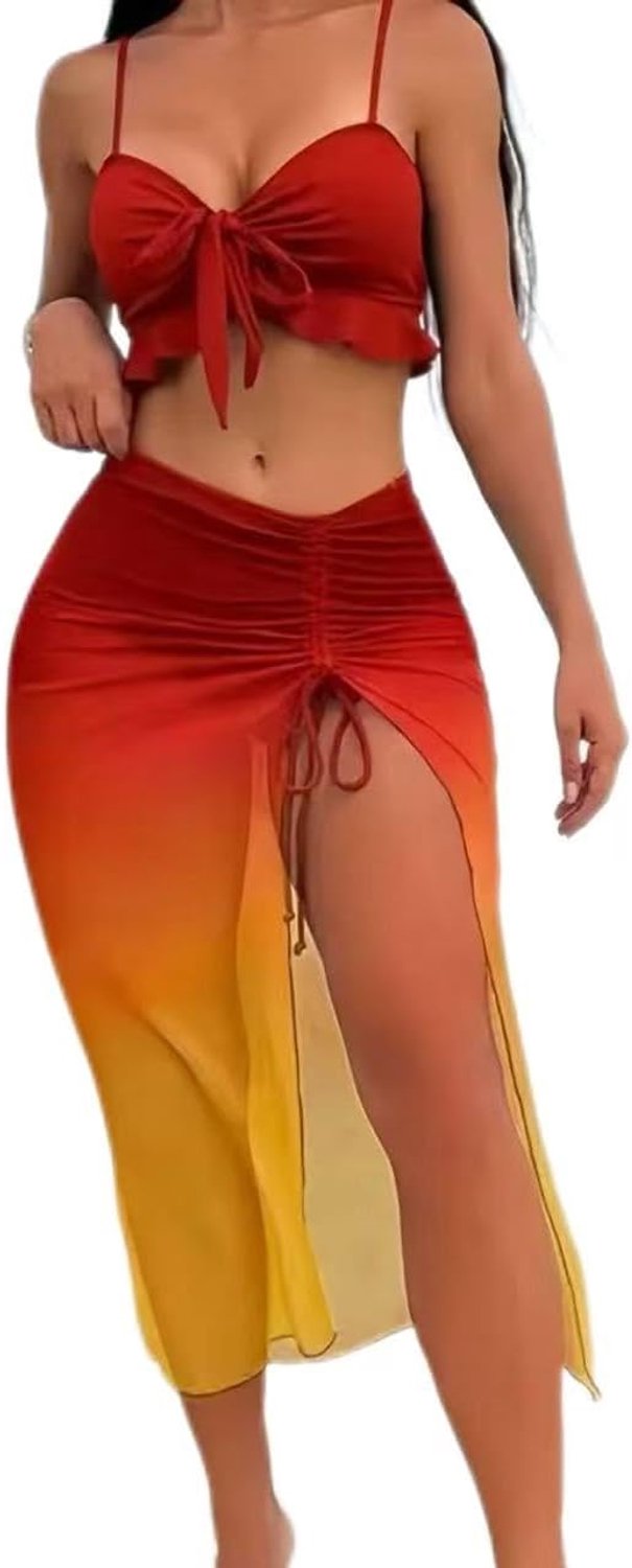 3-delige bikini met transparante chiffonrok, gradiëntkleuren - Elastische badpak met strikdetail, zomerse strandlook