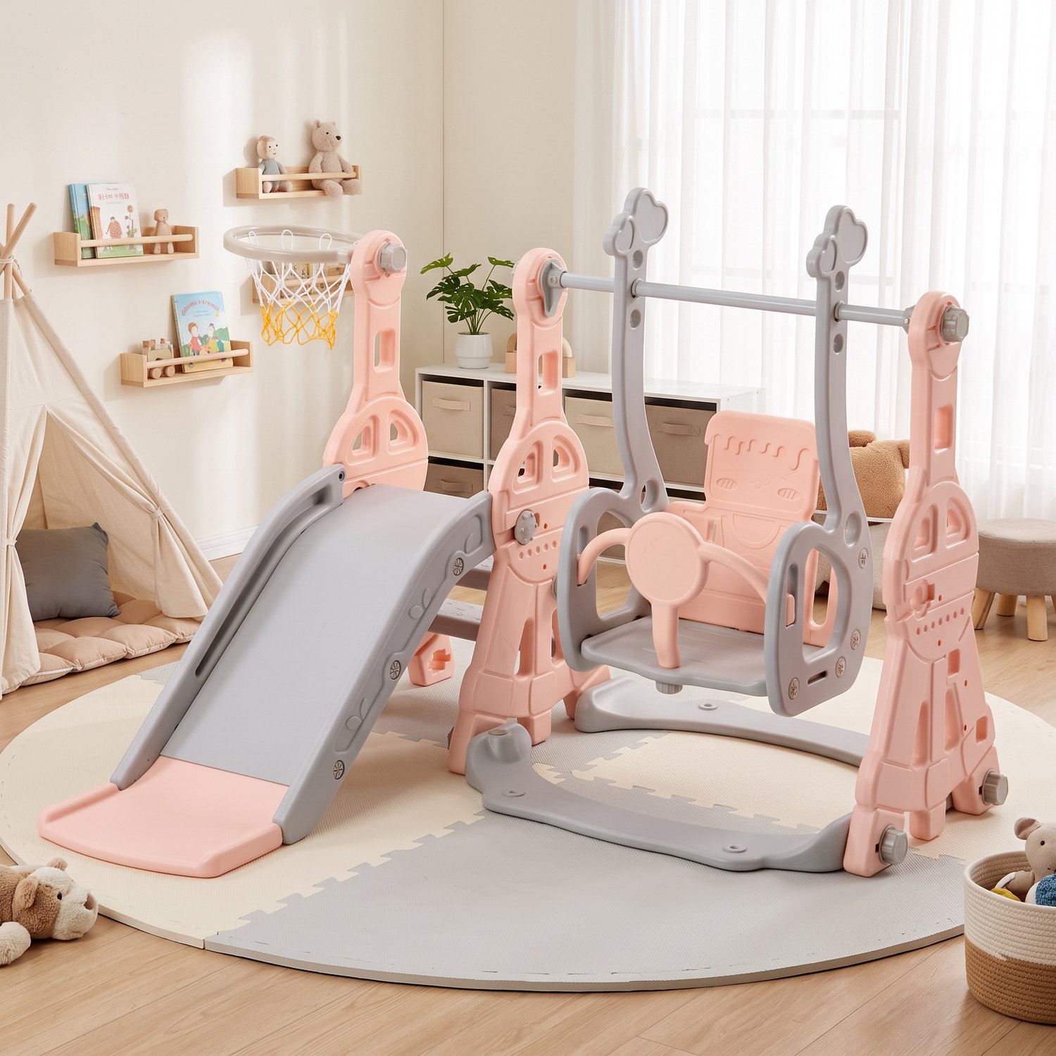 4-in-1 kinderspeelplaats - Binnen Buiten - Schommel - Basketbalring - Glijbaan peuter - Klimladder - Roze