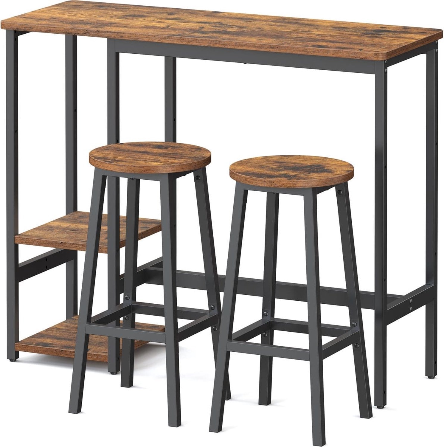 Klarven Bartafel Bruin - Bartafel met Krukken - Bartafel Set - Stalen Frame, Inclusief 2 Barkrukken Bruin | zwart